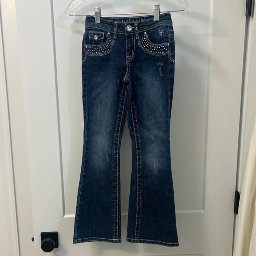 Justice Simply Low Distressed Flare Jeans Studded Pockets, Size 8 R Girls